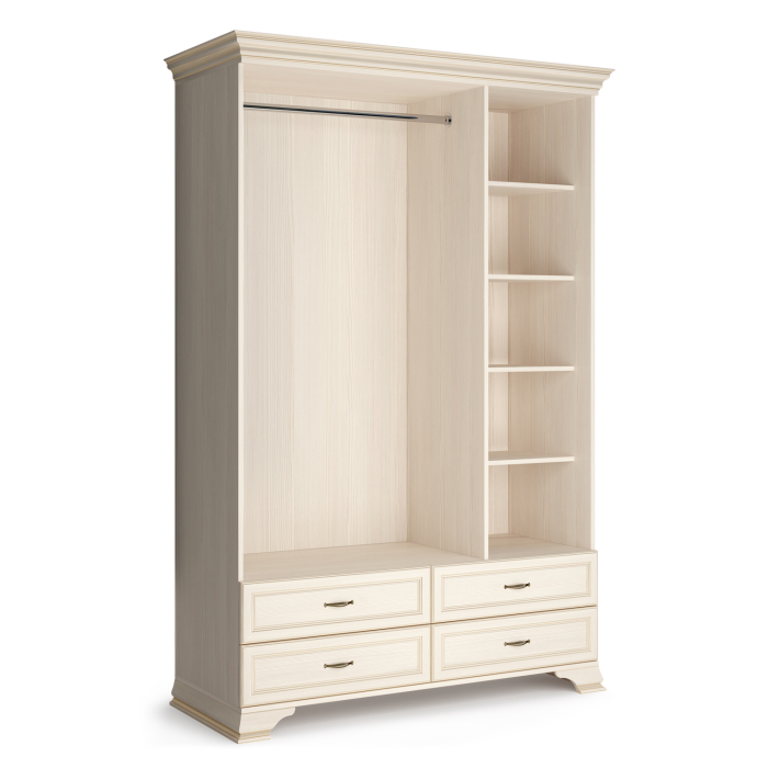 Для одежды, Шкаф трехдверный Сиена, с глухими фасадами, бодега белый, патина золото