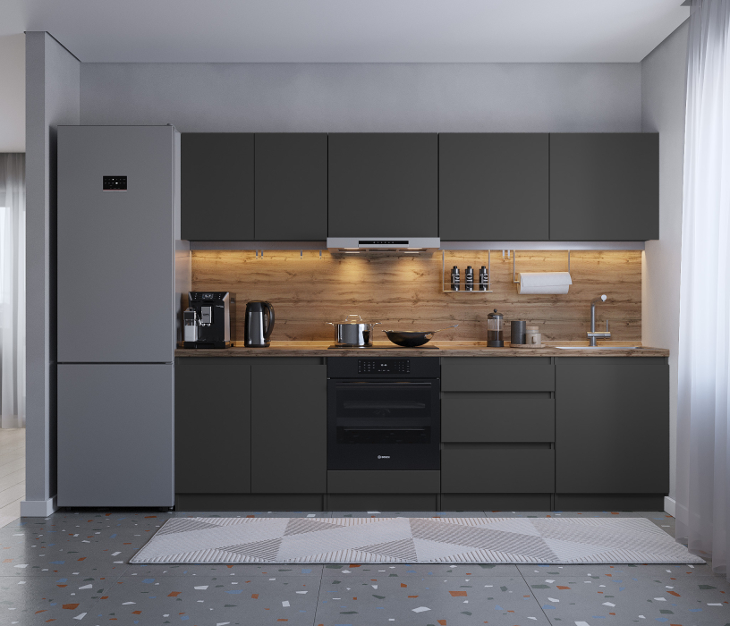 Кухонные гарнитуры, Кухонный гарнитур Леон прямой 260 см, диамант серый