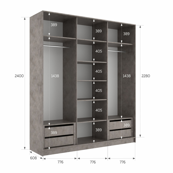 Шкафы-купе 3-х дверные, Шкаф-купе Эста ДСП+Зеркало+ДСП 240х66х240