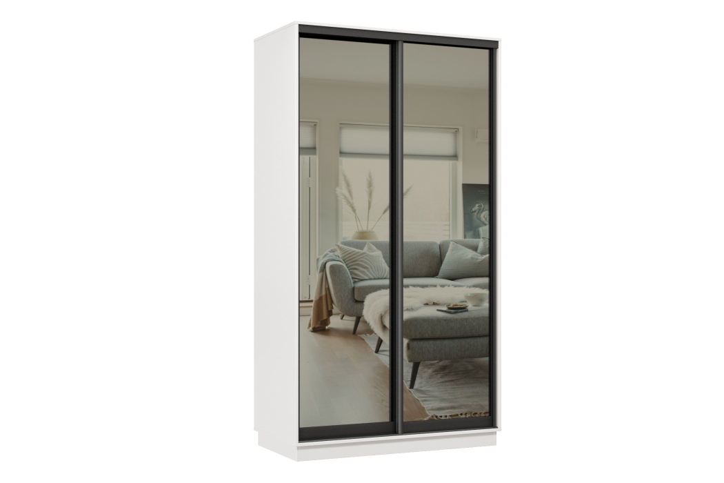 Шкафы-купе 2-х дверные, Шкаф-купе Премьер 02 (01ЗГ;01ЗГ) фасады зеркало графит/двухдверный/Профиль чёрный муар