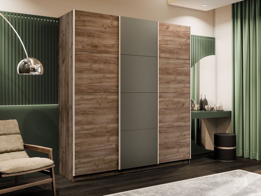 Шкафы-купе 3-х дверные, Шкаф-купе Прайм 3-х дверный Стекла хаки/ДСП/Доводчики 180х57х230