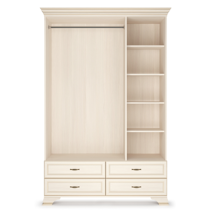 Для одежды, Шкаф трехдверный Сиена, с глухими фасадами, бодега белый, патина золото