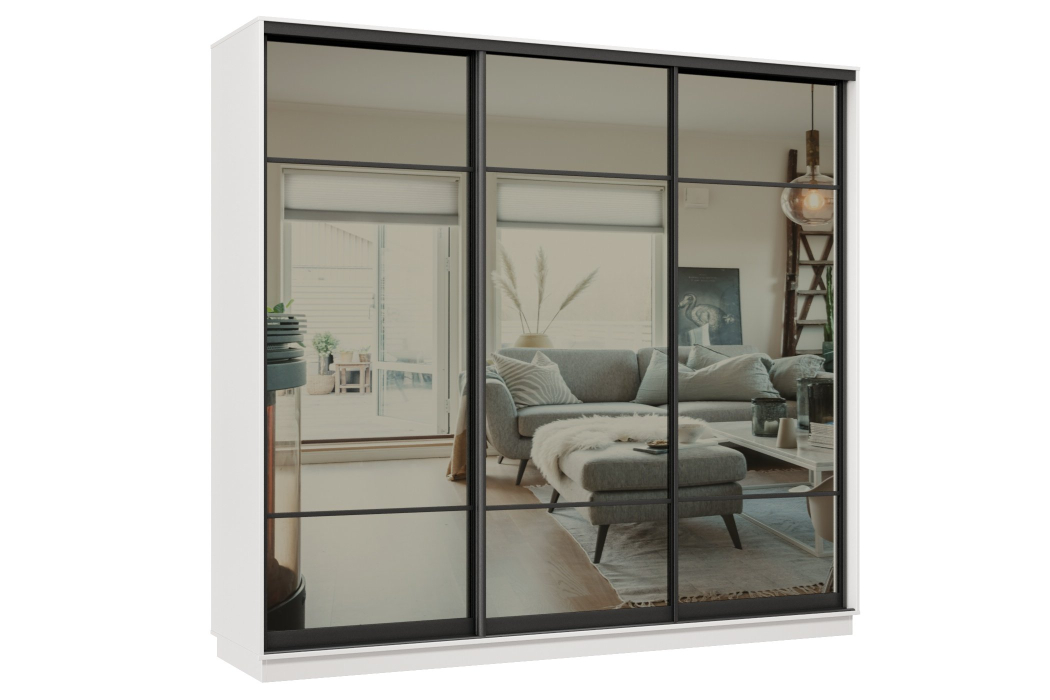 Шкафы-купе 3-х дверные, Шкаф-купе Премьер 59 (11ЗГ;11ЗГ;11ЗГ) фасады зеркало графит/трёхдверный/Профиль чёрный муар