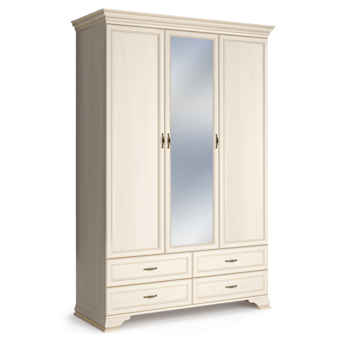 Для одежды, Шкаф трехдверный Сиена, с 1 зеркалом, бодега белый, патина золото