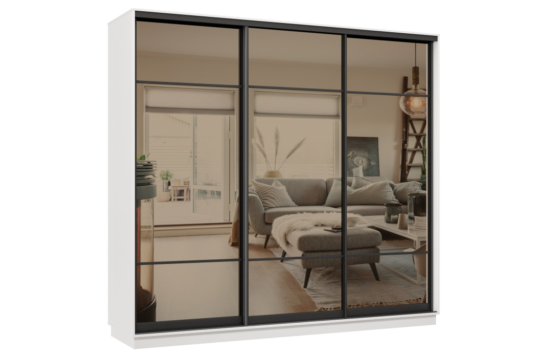 Шкафы-купе 3-х дверные, Шкаф-купе Премьер 59 (11ЗБ;11ЗБ;11ЗБ) фасады зеркало бронза/трёхдверный/Профиль чёрный муар