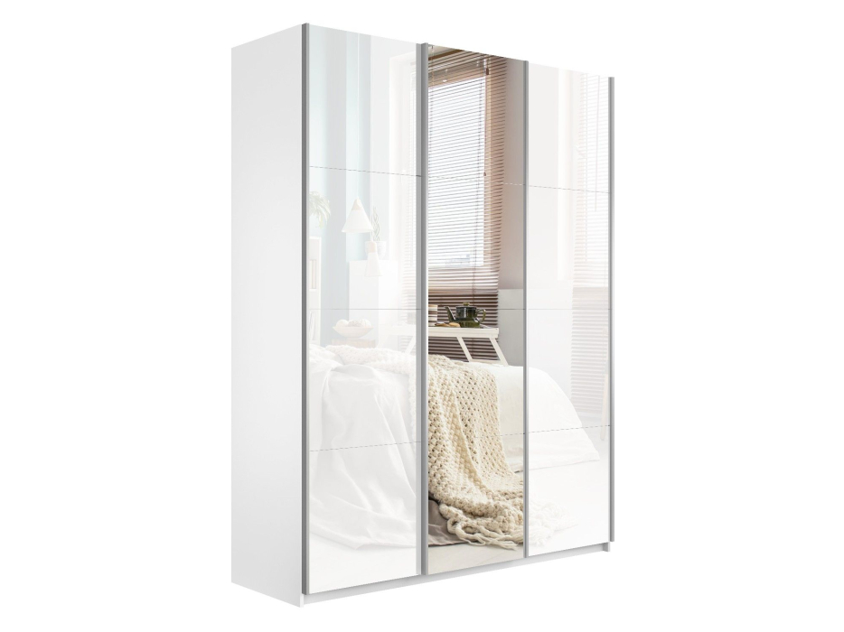 Шкафы-купе 3-х дверные, Шкаф-купе Прайм 3-х дверный Стекла белые/Зеркало/Доводчики 180х57х230