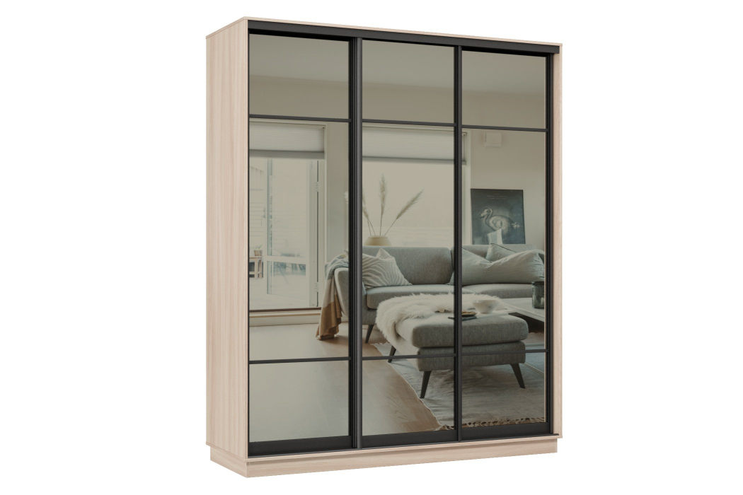 Шкафы-купе 3-х дверные, Шкаф-купе Премьер 24 (11ЗГ;11ЗГ;11ЗГ) фасады зеркало графит/трёхдверный/Профиль чёрный муар