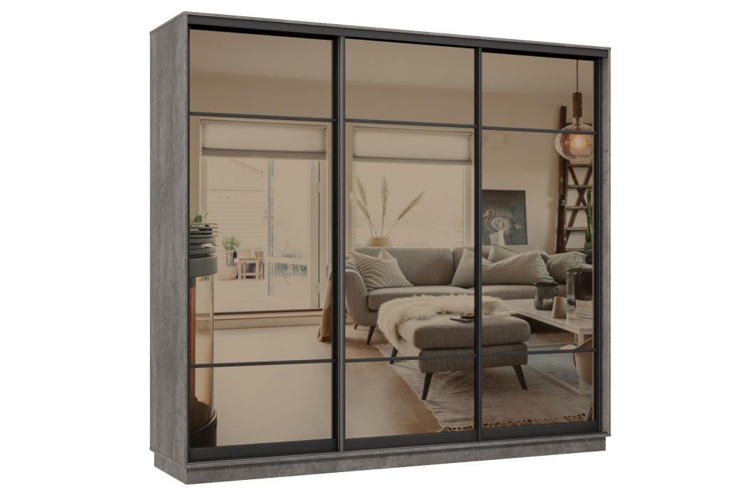 Шкафы-купе 3-х дверные, Шкаф-купе Премьер 35 (11ЗБ;11ЗБ;11ЗБ) фасады зеркало бронза/трёхдверный/Профиль чёрный муар