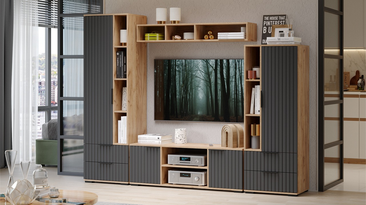 ТВ-тумбы, Тумба под ТВ Хилтон исп. 2, дуб крафт золотой, графит матовый