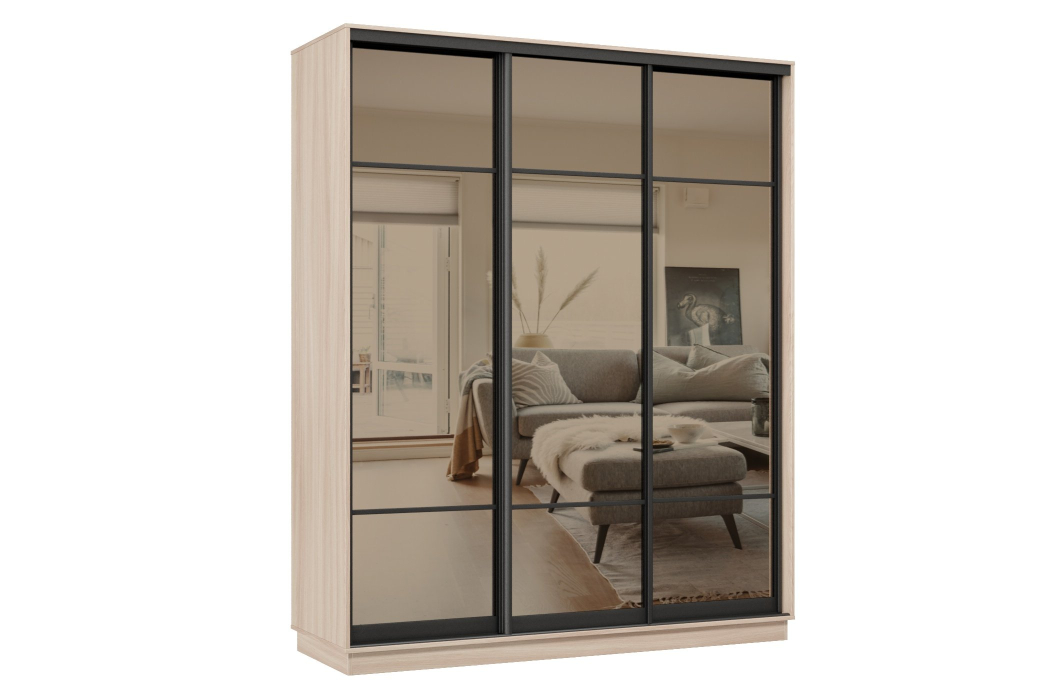 Шкафы-купе 3-х дверные, Шкаф-купе Премьер 23 (11ЗБ;11ЗБ;11ЗБ) фасады зеркало бронза/трёхдверный/Профиль чёрный муар