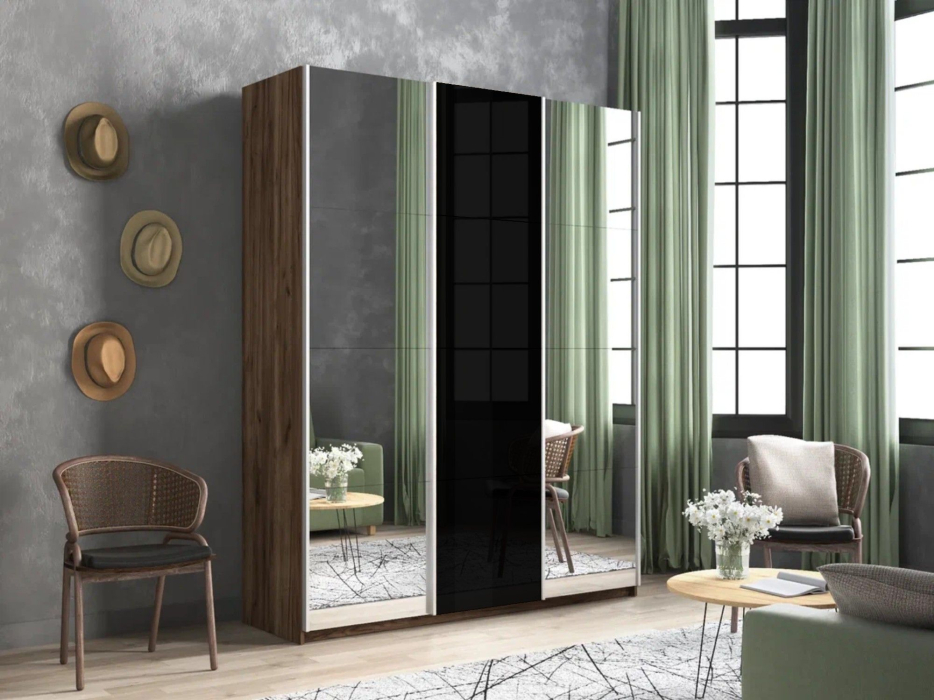 Шкафы-купе 3-х дверные, Шкаф-купе Прайм 3-х дверный Зеркала/Стекло черное/Доводчики 210х57х230