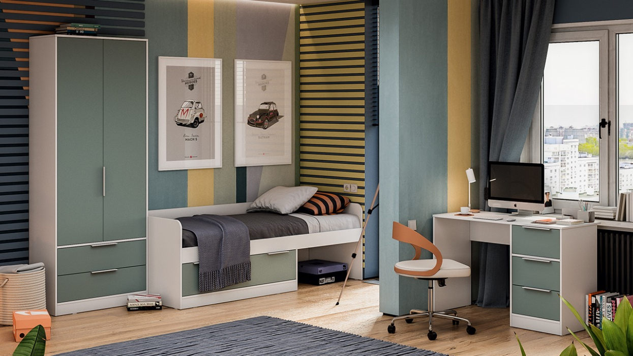 Кровати одноярусные, Кровать комбинированная Марли (800) Тип 1, белый, серо-голубой