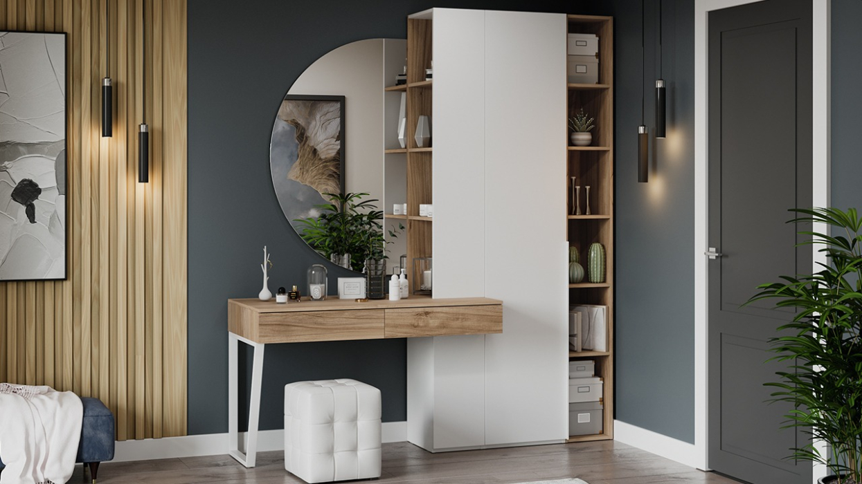 Открытые, Стол письменный со шкафом комбинированным (настольным) Порто, яблоня беллуно, белый софт