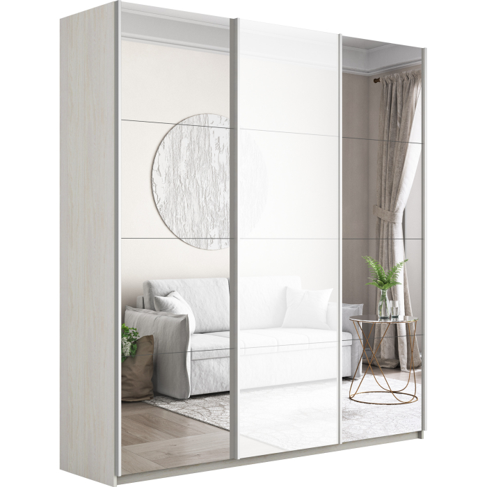 Шкафы-купе 3-х дверные, Шкаф-купе Прайм 3-х дверный Зеркала/Стекло белое/Доводчики 210х57х230