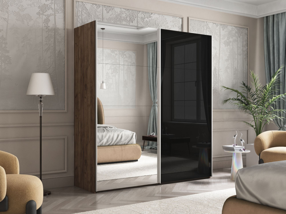 Шкафы-купе 2-х дверные, Шкаф Эста дуо Стекло черное/зеркало 2400 х 1600 х 660