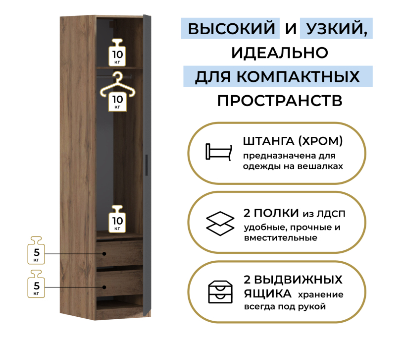Для одежды, Шкаф однодверный Макс 500 мм, вариант №3 (ЛДСП, дуб вотан)