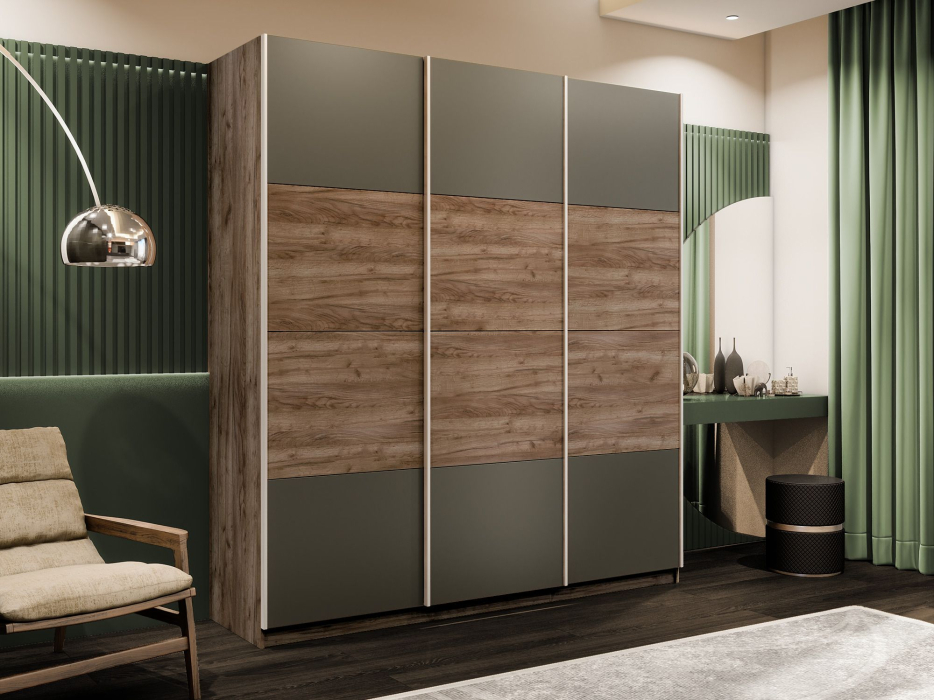 Шкафы-купе 3-х дверные, Шкаф-купе Эста 3-х дверный ДСП/Стекла хаки/Доводчик 270х66х240