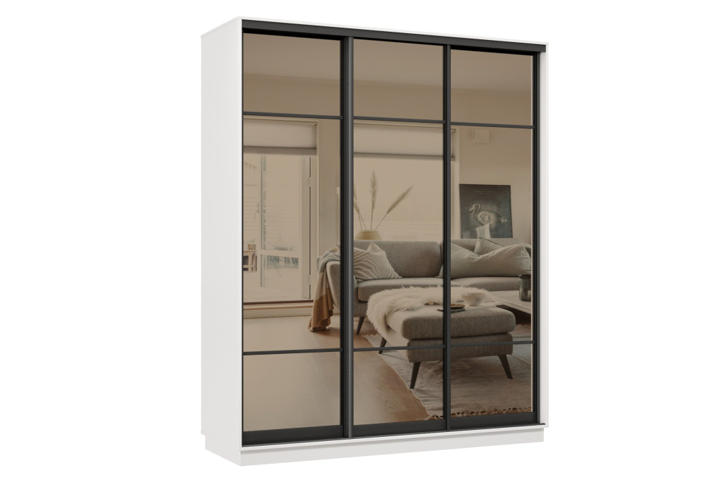 Шкафы-купе 3-х дверные, Шкаф-купе Премьер 21 (11ЗБ;11ЗБ;11ЗБ) фасады зеркало бронза/трёхдверный/Профиль чёрный муар