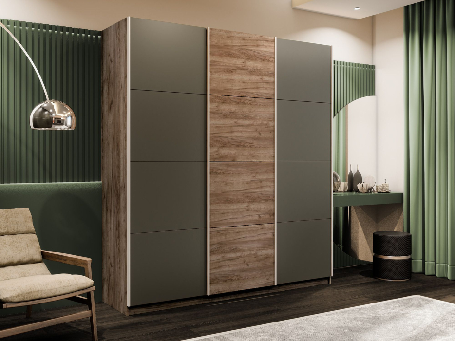 Шкафы-купе 3-х дверные, Шкаф-купе Эста 3-х дверный ДСП/Стекла хаки/Доводчик 270х66х240