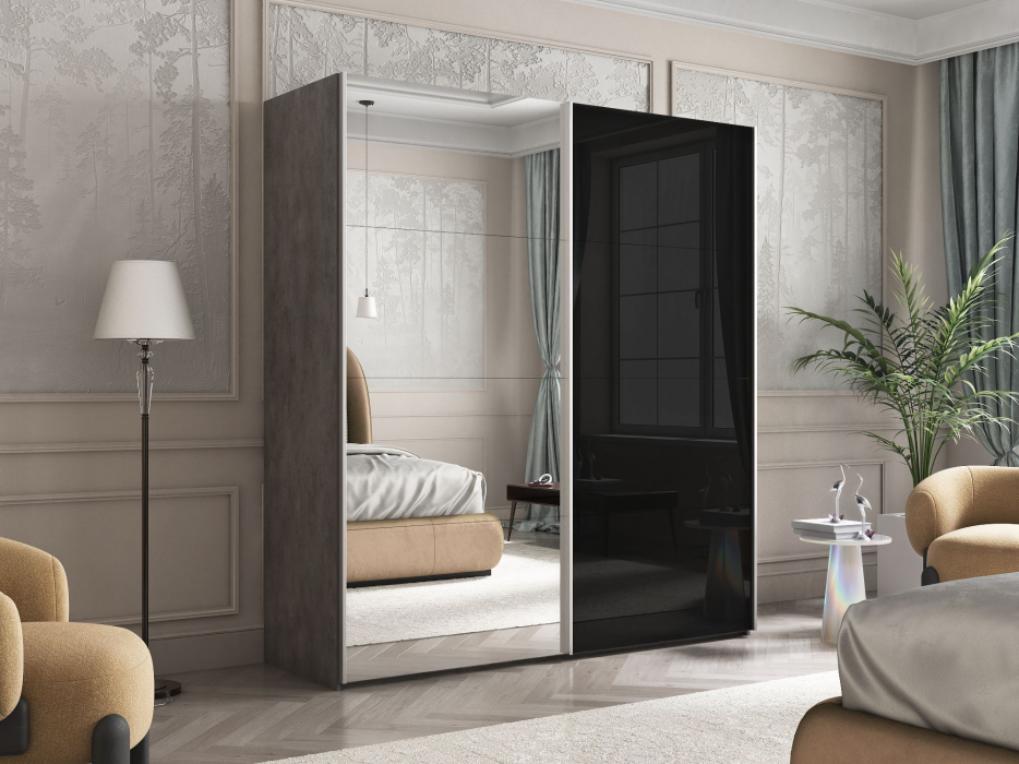 Шкафы-купе 2-х дверные, Шкаф Эста дуо Стекло черное/зеркало 2400 х 1600 х 660