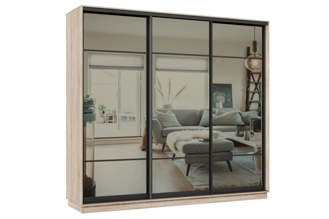 Шкафы-купе 3-х дверные, Шкаф-купе Премьер 57 (11ЗГ;11ЗГ;11ЗГ) фасады зеркало графит/трёхдверный/Профиль чёрный муар