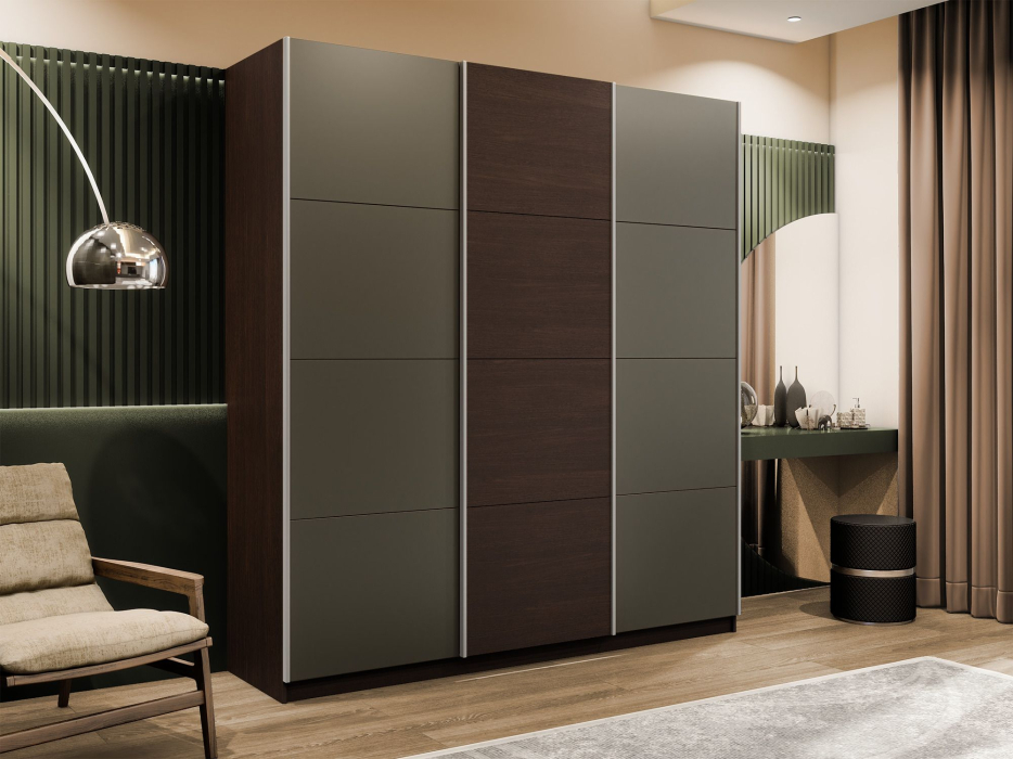 Шкафы-купе 3-х дверные, Шкаф-купе Эста 3-х дверный ДСП/Стекла хаки/Доводчик 270х66х240