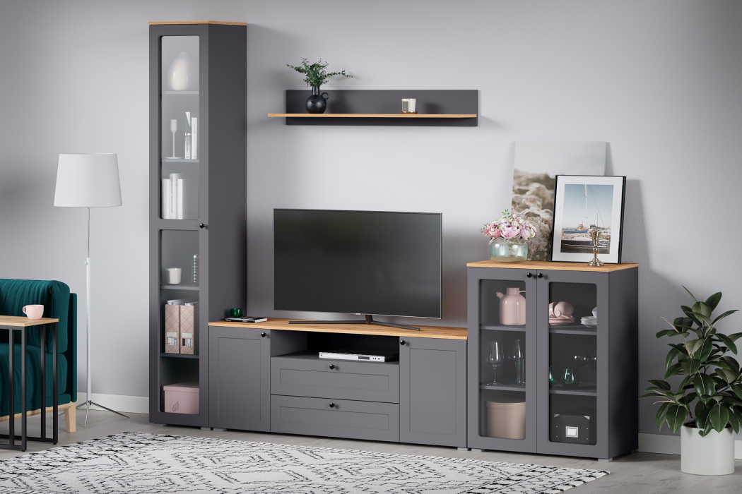 Витрины, Шкаф-витрина Остин 16.394.03, серый графит, дуб золотой крафт