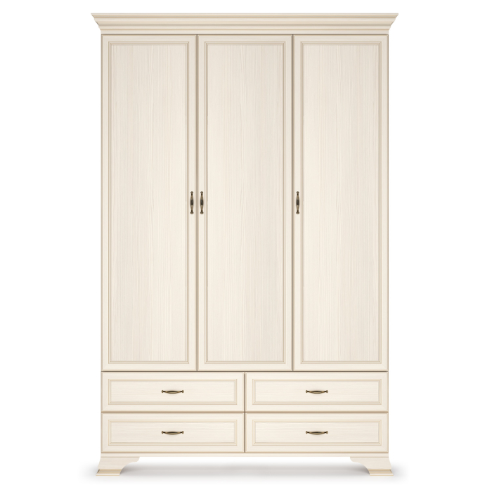 Для одежды, Шкаф трехдверный Сиена, с глухими фасадами, бодега белый, патина золото