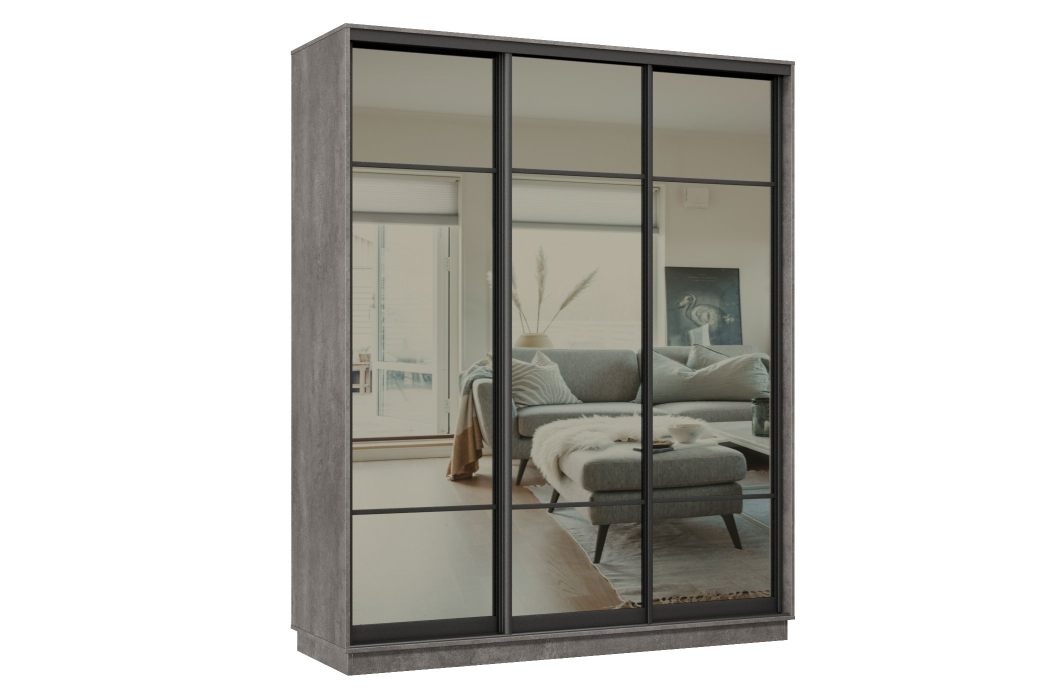 Шкафы-купе 3-х дверные, Шкаф-купе Премьер 22 (11ЗГ;11ЗГ;11ЗГ) фасады зеркало графит/трёхдверный/Профиль чёрный муар