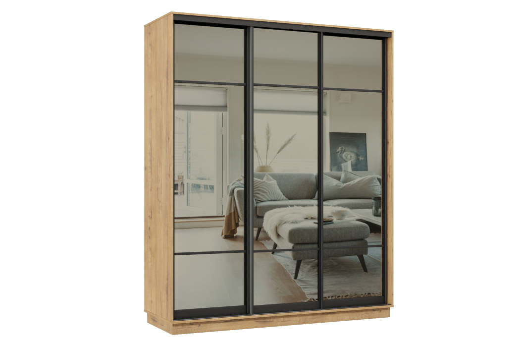 Шкафы-купе 3-х дверные, Шкаф-купе Премьер 22 (11ЗГ;11ЗГ;11ЗГ) фасады зеркало графит/трёхдверный/Профиль чёрный муар