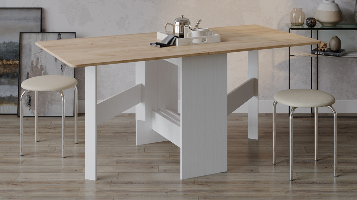 Обеденные столы, Стол-книжка тип 2, белый, дуб крафт золотой