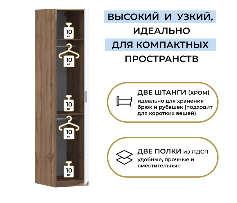 Для одежды, Шкаф однодверный Макс 500 мм, вариант №5 (ЛДСП, корпус дуб вотан)