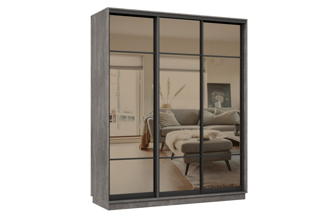 Шкафы-купе 3-х дверные, Шкаф-купе Премьер 22 (11ЗБ;11ЗБ;11ЗБ) фасады зеркало бронза/трёхдверный/Профиль чёрный муар