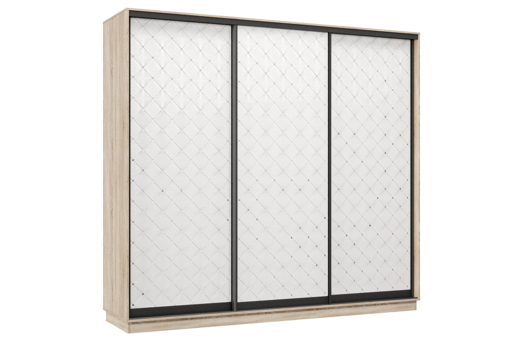 Шкафы-купе 3-х дверные, Шкаф-купе Премьер 57 (01РБ;01РБ;01РБ) фасады ромб белый/трёхдверный/Профиль чёрный муар